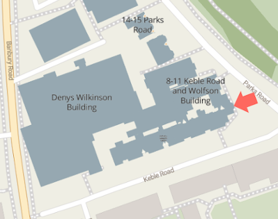 A map of the Wolfson Building showing that the main entrance/reception is to be found off Parks Road. The Wolfson Building is at the$Parks Road and Keble Road.